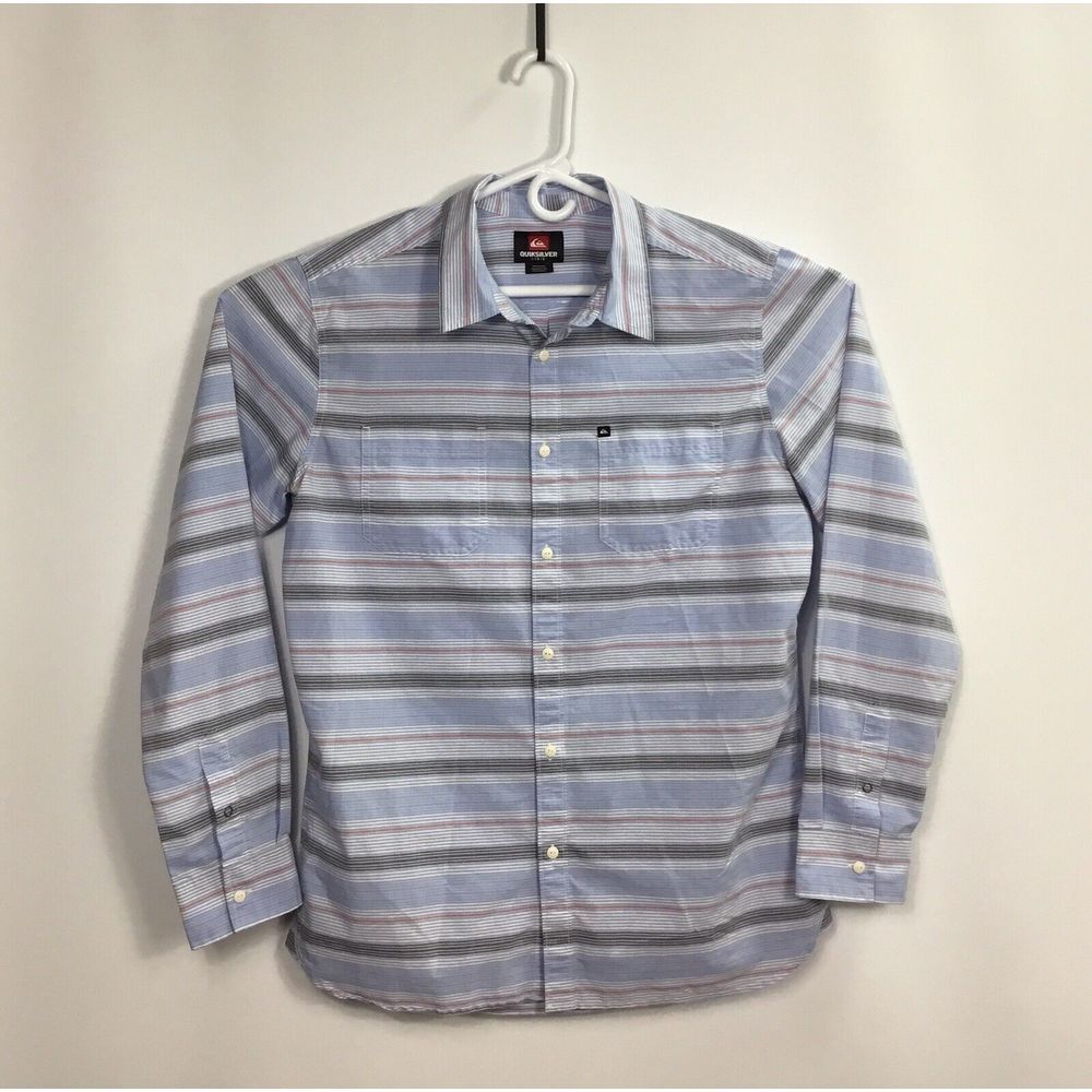 Quiksilver blue striped Shirt Long Sleeve button up Pockets Emblem‎ Mens Size L